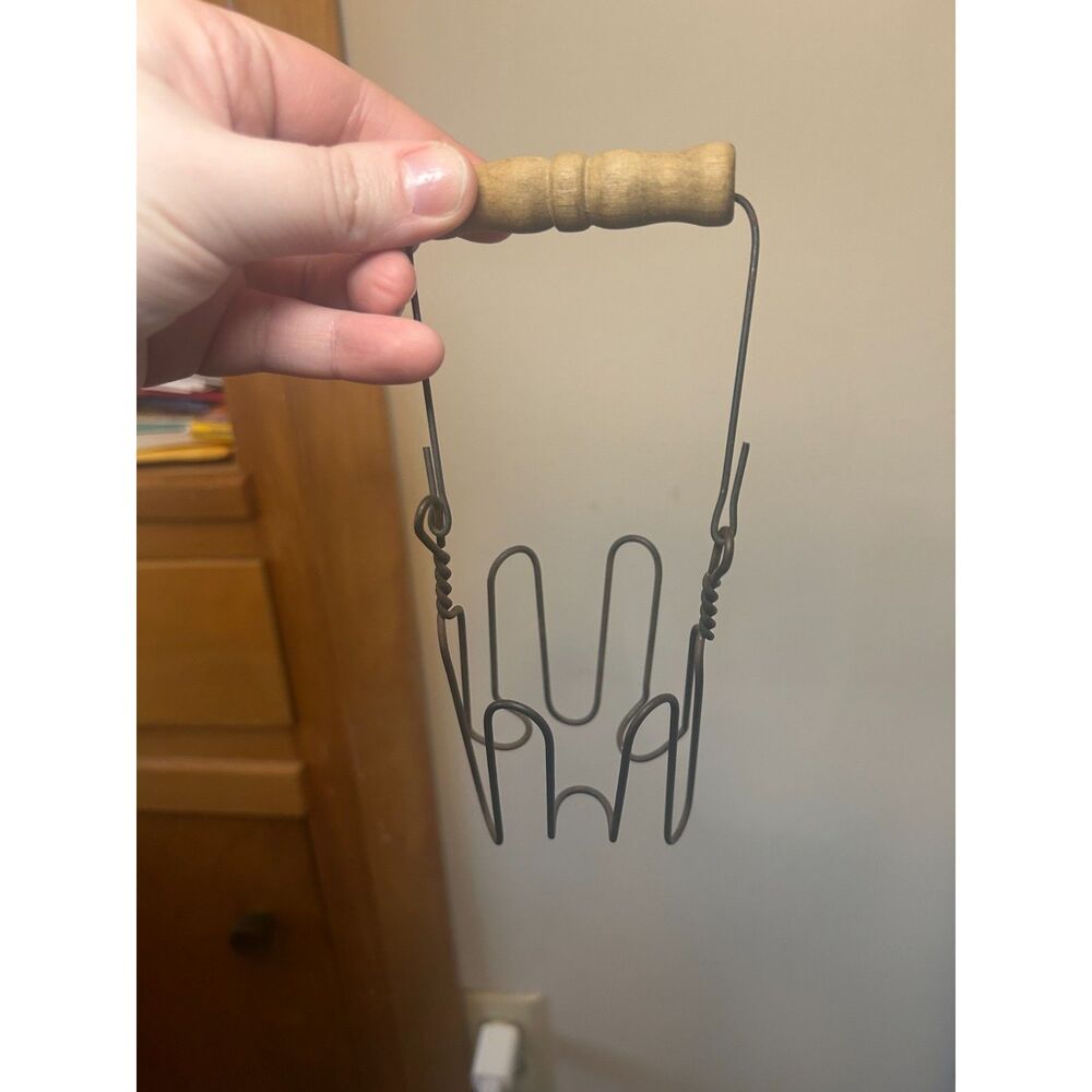 Vintage Wire Canning Jar Lifter Wooden Handle Primitive Kitchen Tool Farmhouse